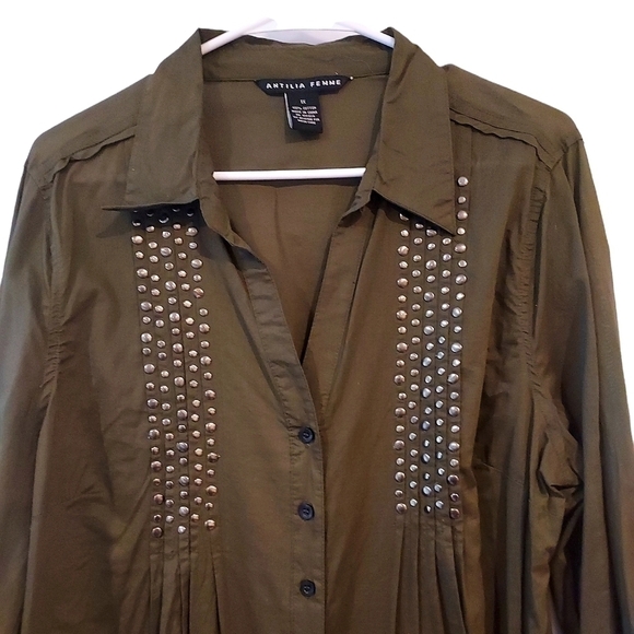 ANTILIA FEMME olive green LS lightweight button down shirt top sz 1X - Picture 4 of 11